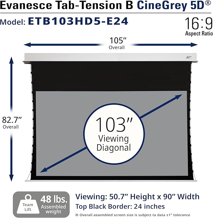 Elite Screens Evanesce Tab-Tension B 103" Diag. 16:9, Electric Recessed in-Ceiling Tensioned Ceiling/Ambient Light Rejecting (CLR/ALR) Projector Screen, ETB103HD5-E24, White