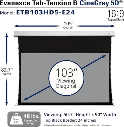 Elite Screens Evanesce Tab-Tension B 103" Diag. 16:9, Electric Recessed in-Ceiling Tensioned Ceiling/Ambient Light Rejecting (CLR/ALR) Projector Screen, ETB103HD5-E24, White