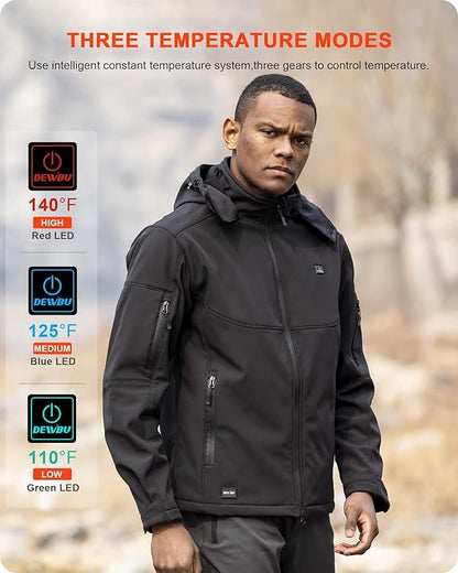 DEWBU Soft Shell Heated Jacket for Men with 12V Battery Pack and Detachable Hood Outdoor Electric Heating Coat
