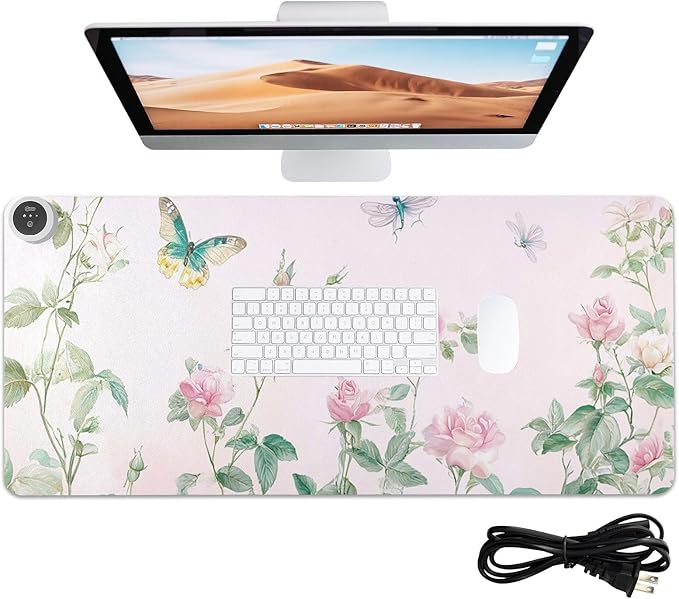 Heated Desk Pad Mouse Pad 31.5x13 Inch PU Leather Desk Mat with 3 Heat Levels Large Mouse Gaming Computer Laptop Mat Pink Spring Rose and Dragonfly Butterfly