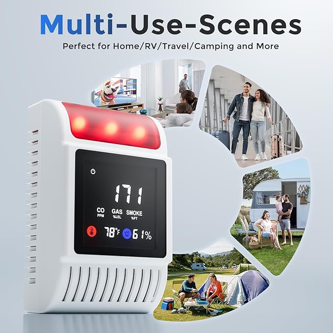 Carbon Monoxide Detectors & Gas Detector, Smoke and Carbon Monoxide Detector Battery Backup with Temperature Humidity Detection, Fire Alarms Smoke Detectors Adjustable Brightness & Sound 3 Pack