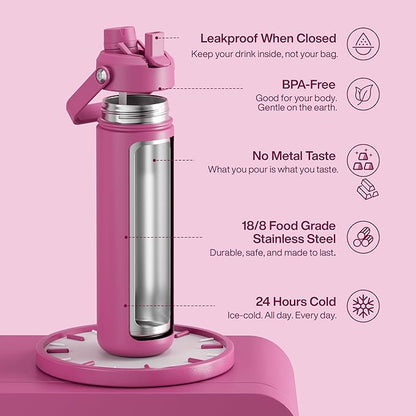 ENCOOL Insulated Water Bottle with Straw Stainless Steel Water Bottle, Leak-Proof, BPA-Free, Double Wall Vacuum Keeps Cold for 24 Hours for Sports, Travel, School (26 oz, Turkish Rose)