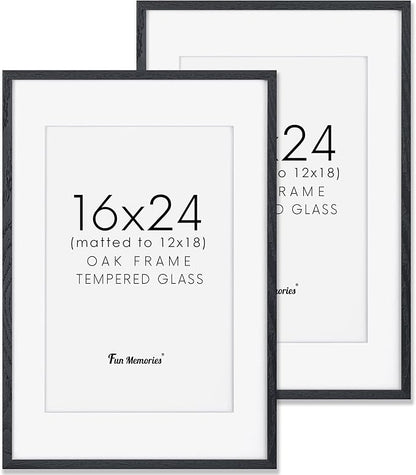Fun Memories Black 16x24 Picture Frame, Oak Wood 16 x 24 Poster Frames Set of 2, Rustic 16 by 24 Frame for Wall, 16x24 Frame with Mat for 12x18, Tempered Real Glass