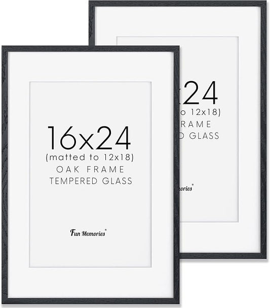 Fun Memories Black 16x24 Picture Frame, Oak Wood 16 x 24 Poster Frames Set of 2, Rustic 16 by 24 Frame for Wall, 16x24 Frame with Mat for 12x18, Tempered Real Glass