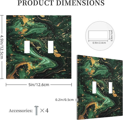 Green/Gold Modern Abstract Luxury Marble 2 Gang Double Toggle Light Switch Cover Decorative Switchplate Electrical Wall Plates Faceplate for Bathroom Bedroom Decor 4.9 X 5 IN