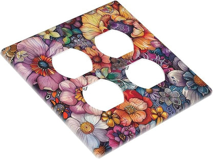 Outlet Covers Colorful Bohemian Flowers Vintage Boho Floral 2 Gang Double Duplex Decorative Light Switch Covers Electrical Wallplates Socket Faceplate for Bed Room living Room Decor