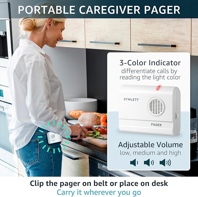 Bed Alarm Caregiver Pager with 2 Wireless Motion Sensors Alarm Indoor Fall Prevention for Elderly Monitoring Seniors Dementia Patients Seniors Home Door Chime