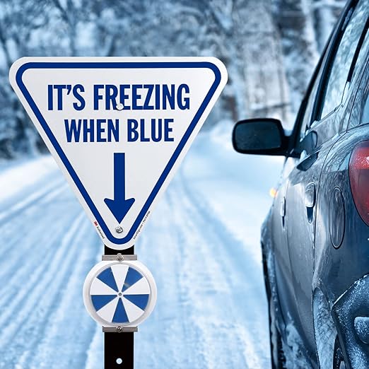 SmartSign It's Freezing When Blue Inverted Triangular Sign with Down Arrow - 18 inch, 80 mil Aluminum, 3M Laminated Engineer Grade Reflective Material, Blue and White, Made in USA