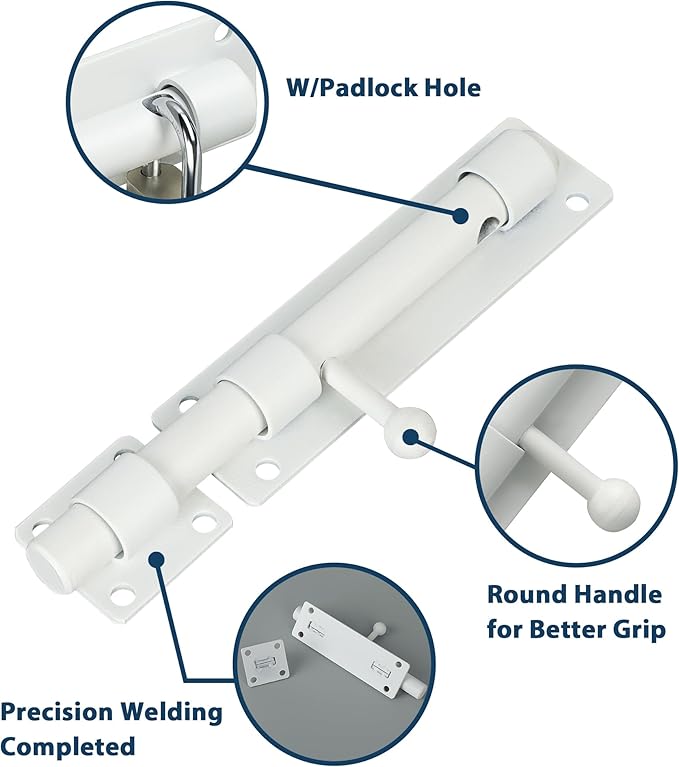 Alise 6 inch Barrel Bolt Latch,Slide Bolt Latch,Heavy Duty Solid SUS304 Stainless Steel Slide Lock for Wooden Fence,Barn Door,Interior or Outdoor Door White MS8000-W