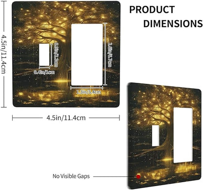 Decorative Outlet Covers Golden Shining Fantasy Kabbalah Tree of Life 2 Gang Wall Plate Single Toggle 1 Rocker Light Switch Cover Switch Plate Covers Faceplate for Bedroom Home Decor