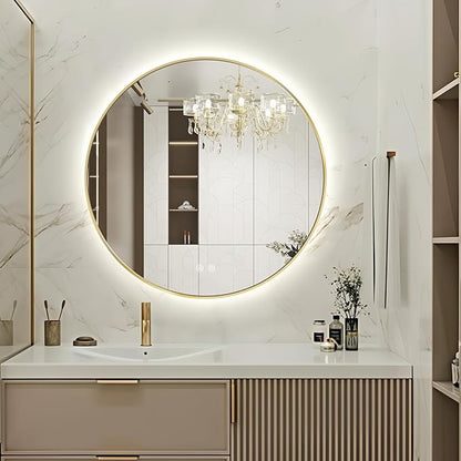 Niccy Round Led Mirror for Bathroom, 32" Backlit Mirrors for Wall Circle Lighted Mirror with Old Gold Frame Anti-Fog, 3 Colors, HD Glass and IP65 Waterproof