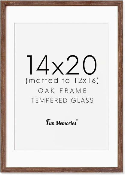 Fun Memories 14x20 Picture Frame, Solid Oak Wooden 14"x20" Photo Frame for Wall, 14 x 20 Frame Matted to 12 x 16, Tempered Real Glass, 14 x 20 Collage Gallery Frames (Walnut Color, 1 Pack)