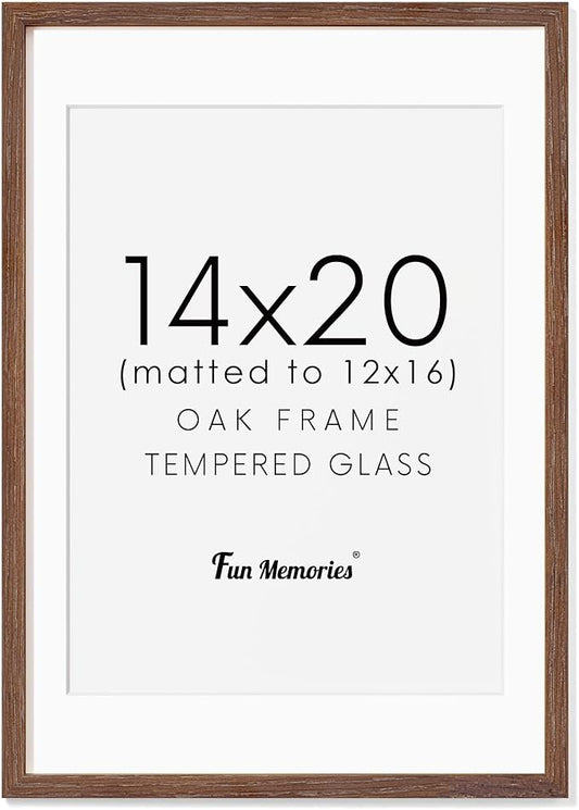 Fun Memories 14x20 Picture Frame, Solid Oak Wooden 14"x20" Photo Frame for Wall, 14 x 20 Frame Matted to 12 x 16, Tempered Real Glass, 14 x 20 Collage Gallery Frames (Walnut Color, 1 Pack)