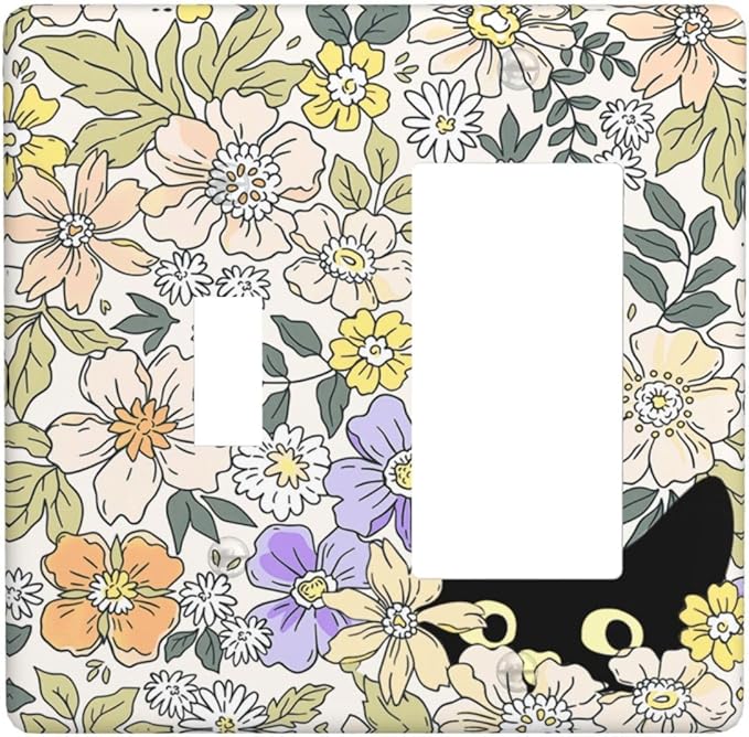 Decorative Outlet Covers Cute Black Cat in a Flower Patch Botanical Garden 2 Gang 1 Gang Wall Plate Single Toggle Rocker Light Switch Covers Switch Plate Cover for Bedroom Home Decor