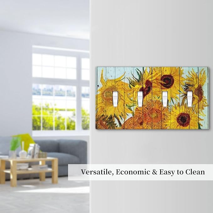 Light Switch Covers Sunflowers Oil Paintings Wood Floral Quad Toggle Electrical Faceplate 4 Gang Wall Plate Decorative Switch Plates For Farmhouse Bed Room Decor