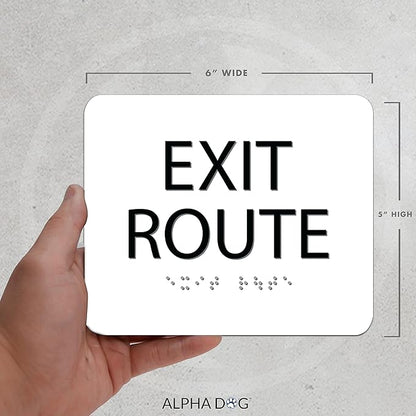 ALPHA DOG ADA SIGNS - Exit Route Sign with Braille for Your Business, 5x6 Inch, ADA Compliant, Indoor or Outdoor, Easy Installation, Made in the USA, White