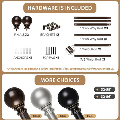 KAMANINA Curtain Rods for Windows 48 to 84 Inches, Bronze Curtain Rod 32 to 86 Inches (2.6-7.1ft), 7/8 Inch Decorative Drapery Rod with Round Finials