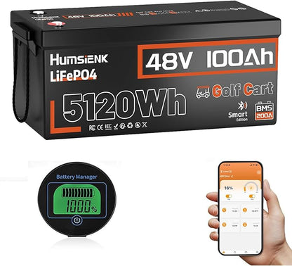 HumsiENK 48V 100Ah Golf Cart LiFePO4 Lithium Battery with Bluetooth Group 8D, 15000+ Deep Cycle Battery, Built-in 200A BMS with Low-Temp Protection Golf Cart Accessories