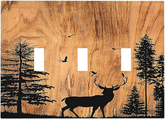 Decorative Switch Plates Rustic Farmhouse Orange Brown Pine Tree Deer Wood Grain 3 Gang Wall Plate Triple Toggle Light Switch Cover Faceplate Electrical Wall Panels for living Room Decor