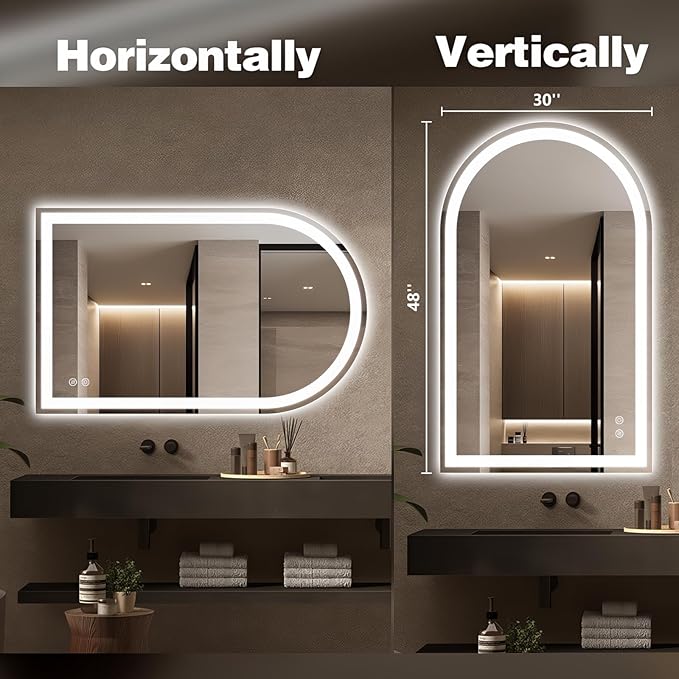 Niccy Arched LED Bathroom Mirror, 48x30 Arch Wall Mounted Frameless Bathroom Mirror for Vanity, Smart Lighted Frontlit Mirrors with Memory Function for Bathroom Bedroom Beauty Hair Salon