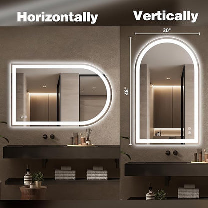 Niccy Arched LED Bathroom Mirror, 48x30 Arch Wall Mounted Frameless Bathroom Mirror for Vanity, Smart Lighted Frontlit Mirrors with Memory Function for Bathroom Bedroom Beauty Hair Salon