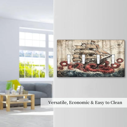 Light Switch Covers Vintage Octopus Ocean Sailboat Bizarre Adventure Quad Toggle 4 Gang Wall Plate Electrical Faceplate Decorative Switch Plates for Bathroom Kids room Decor