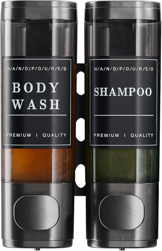 2-Chamber Wall-Mounted Shower Soap Dispenser for Shampoo and Conditioner - No Drill, Large Capacity Bathroom Dispenser for Hotel - Gun Gray