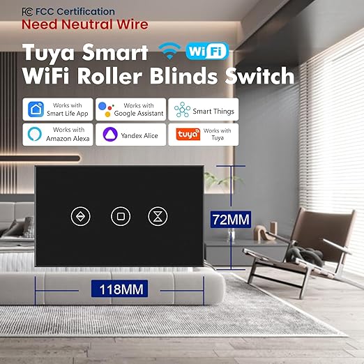 Smart Roller Shutter Switch 118X72X34MM Need Neutral Wire,2.4GHz WiFi Roller Shutter Switch, Tempered Glass Panel, Compatible with Alexa and Smart Life, Black WiFi-Roller Shutter