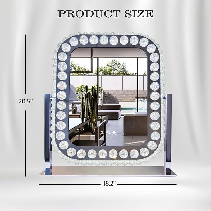 Hollywood Crystal Vanity Mirror with Lights 3 Color Adjustable Brightness Light 360° Rotation Large Crystal Lighted Vanity Mirror for Tabletop Desk Crystals LED Makeup Mirror with Lights