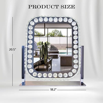 Hollywood Crystal Vanity Mirror with Lights 3 Color Adjustable Brightness Light 360° Rotation Large Crystal Lighted Vanity Mirror for Tabletop Desk Crystals LED Makeup Mirror with Lights