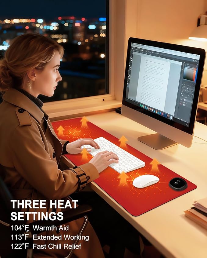 Heated Desk Pad, 31.5" x 13" Leather Non-Slip Warm Desk Pad, Large Mouse Mat with 3 Levels Heating & 3 Hours Auto Shut-Off, Hand and Foot Warmer for Office, Home, Red