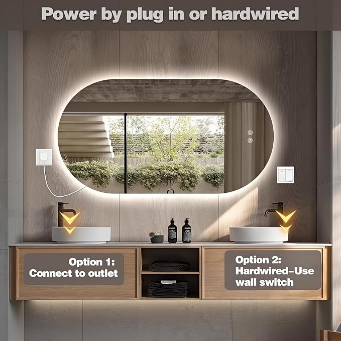 51" x 27" Oval LED Mirror for Bathroom, Backlit Vanity Mirror with Lights, Frameless Smart Wall Mirror, 3 Colors Stepless Dimmable, Anti-Fog, Shatterproof, Memory, CRI95+(Horizontal/Vertical)