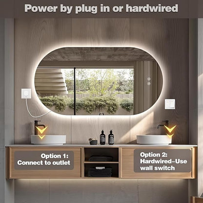 51" x 27" Oval LED Mirror for Bathroom, Backlit Vanity Mirror with Lights, Frameless Smart Wall Mirror, 3 Colors Stepless Dimmable, Anti-Fog, Shatterproof, Memory, CRI95+(Horizontal/Vertical)