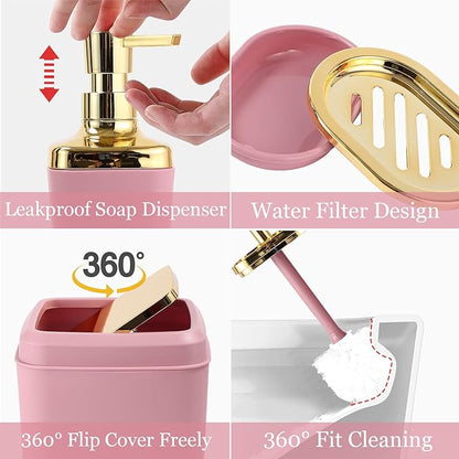 Pink Bathroom Set, Bathroom Sets with Stripe Shower Curtain, Pink and Gold Bathroom Accessories with Trash Can, Soap Dispenser, Soap Dish, Toilet Brush Holder, Qtip Holders for Bathroom