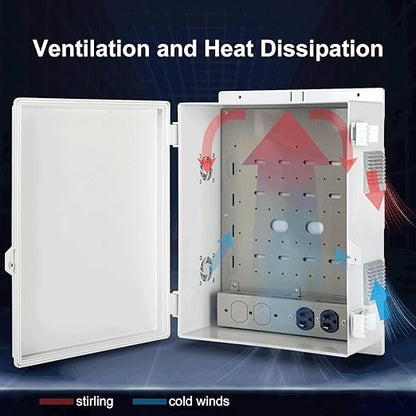Outdoor Electrical Junction Box with High Power Outlet, 16" H* 12" L* 5.9" W, ABS Water Resistant Enclosure with Internal Mounting Panel & Hinged Cover.