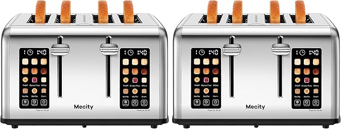 Mecity 4 Slice Toaster with Touch Screen Control, 4 Wide Slots, Stainless Steel Smart Bread Toaster for Bagels, Muffins, Waffles, Dual Control Panel, Timer, Defrost, Reheat, 120V 1650W (Pack of 2)