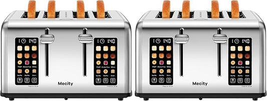Mecity 4 Slice Toaster with Touch Screen Control, 4 Wide Slots, Stainless Steel Smart Bread Toaster for Bagels, Muffins, Waffles, Dual Control Panel, Timer, Defrost, Reheat, 120V 1650W (Pack of 2)