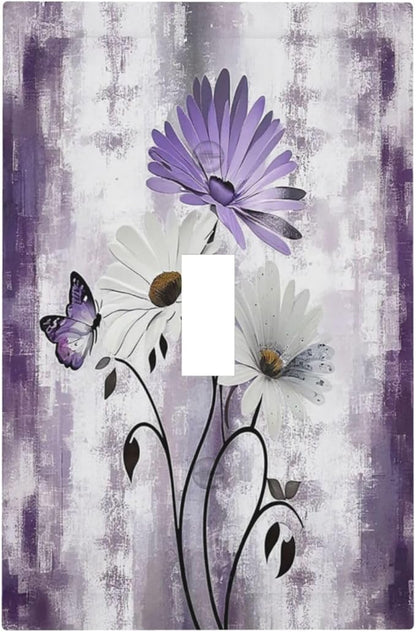 Purple Daisy White Floral Butterfly Flowers Single Toggle Light Switch Cover plate Outlet Cover Decorative Switchplate Wall Plates Electrical Panel Cover for Bathroom Living Room 5 X 3 IN