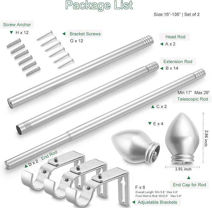 Curtain Rods for Windows 16 to 136 inches, Curtain Rod Max Adjustable Length to 146 in, Drapery Rod 1 inch Diameter with Modern Knobs Finials (Satin Silver, 16" to 136" - Set of 2)