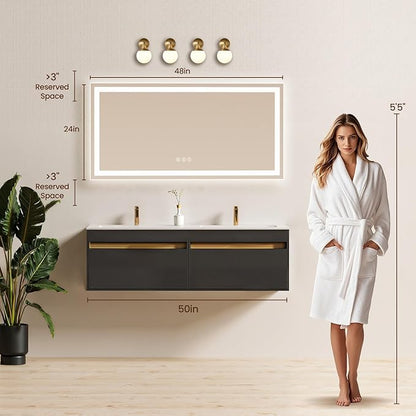 24X48 LED Bathroom Mirror with Lights, Anti-Fog, Backlit + Front Lit (CRI>90), Lighted Bathroom Vanity Mirror for Wall, Memory Function, Dimmable, Tempered Glass, Shatter-Proof