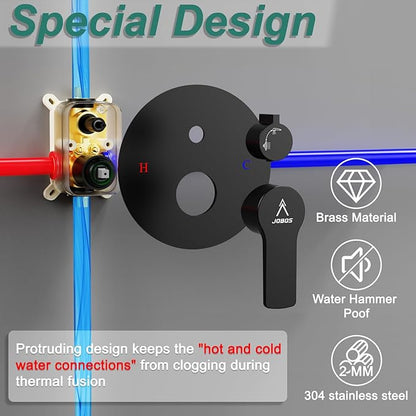 Shower Faucet Set 12IN Brass Rough-In Valve Body Trim Kit Rainfall Included Handle Accessories Complete 2 Functions with Rain Head and Handheld Bathroom Systems (12'', Matte Black)