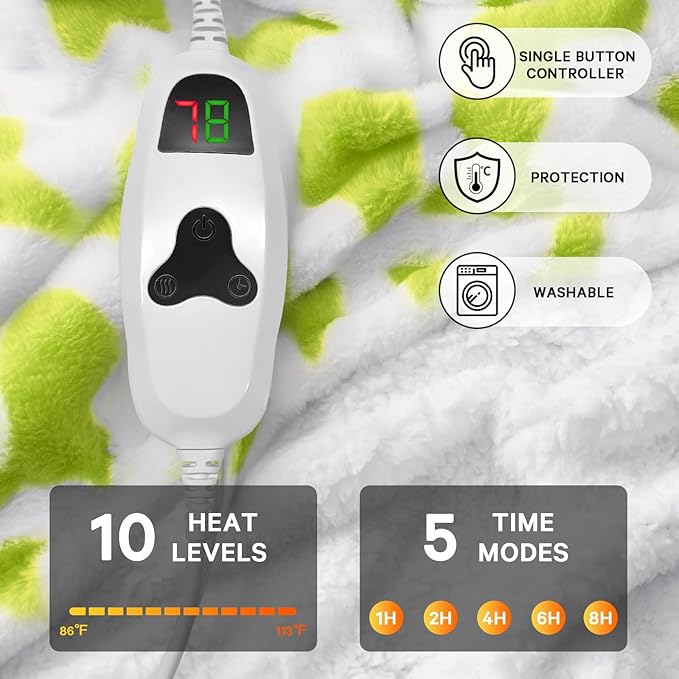 Green Cow Heated Electric Blanket Throw, 50X60 Heating Blanket with 10 Heats Levels & 8 Hours Auto Off, Cute Christmas Yoga Gifts for Women Teen Girls Mom Pets, Home Decor for Living Room Bedroom