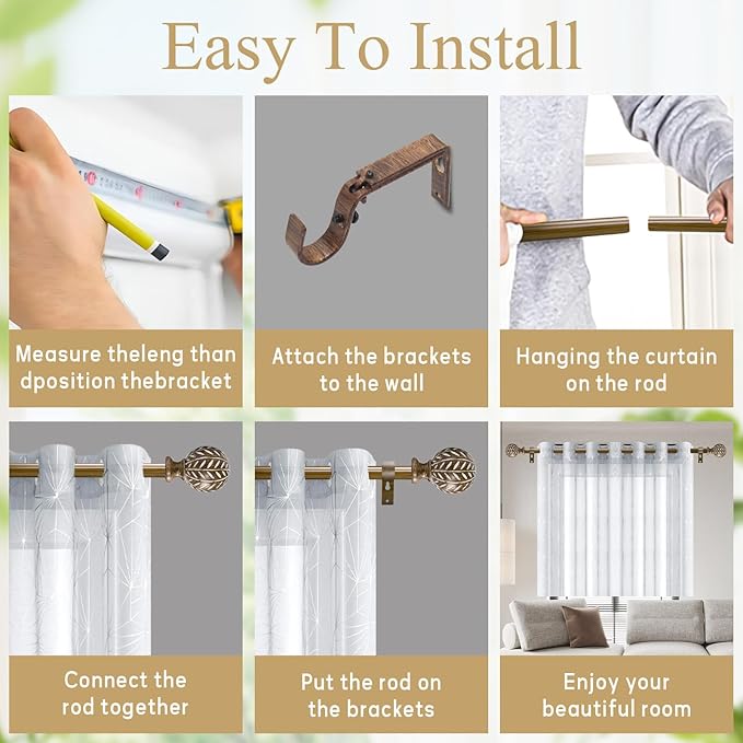 Boho Wooden Curtain Rods for Windows 28 to 48 Inches(2.3-4 ft), Adjustable-Heavy Duty 1" Diameter Drapery Rod with Imitation Wood-Grain Leaf-Pattern Finials - for Living Room & Bedroom，18-45''