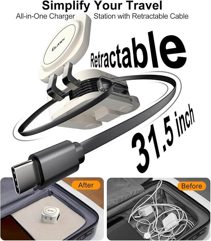 Retractable 3 in 1 Charging Station for Apple [Built in Cable] 22.5W Fast for Magsafe Wireless Charger, Travel Essentials, Magnetic Foldable Stand for iPhone 17 Air Pro Max 16 15 iWatch Airpods