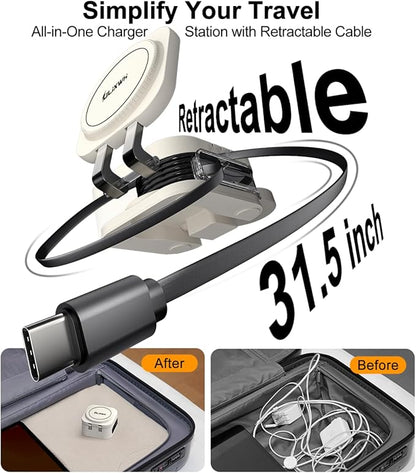Retractable 3 in 1 Charging Station for Apple [Built in Cable] 22.5W Fast for Magsafe Wireless Charger, Travel Essentials, Magnetic Foldable Stand for iPhone 17 Air Pro Max 16 15 iWatch Airpods