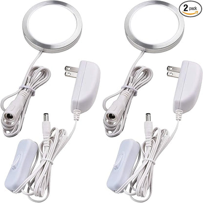 Single Under Cabinet Puck Light, Collection Display Cases Bookshelf Counter LED Lighting, 120V Electric Wired Wall Plug in, On Off Switch, White Cords, 2 Packs, Daylight