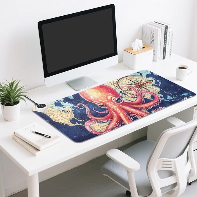 Heated Desk Pad Mouse Pad 31.5x13 Inch PU Leather Desk Mat with 3 Heat Levels Large Mouse Gaming Computer Laptop Mat Blue World Map and Octopus