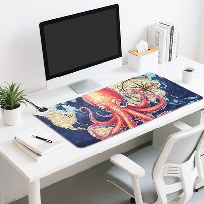 Heated Desk Pad Mouse Pad 31.5x13 Inch PU Leather Desk Mat with 3 Heat Levels Large Mouse Gaming Computer Laptop Mat Blue World Map and Octopus