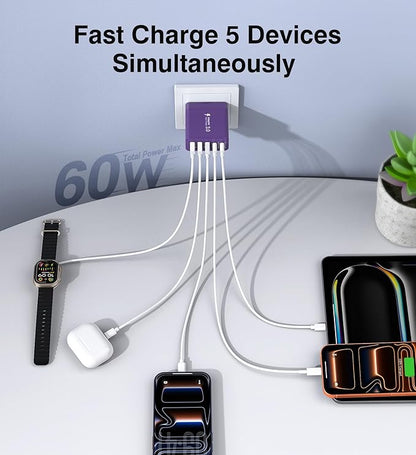 [2-Pack] USB C Wall Charger, 60W Fast USB C Charger Block, 5-Port PD Power Adapter + QC Wall Plug Multiport Type C Charging Block Cube Compatible with iPhone 17 16 15 14 13 12 Pro Max XR XS, Purple