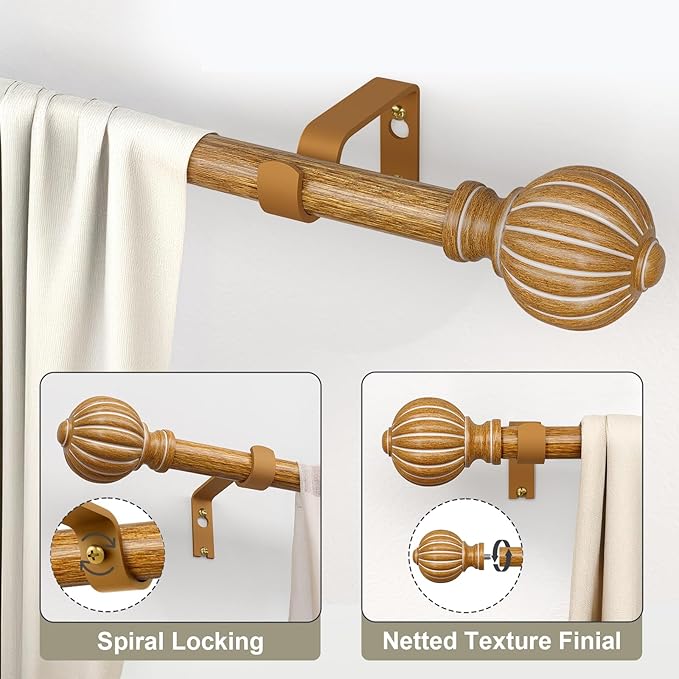 Wood Curtain Rods for Windows 28 to 48 Inch, 1'' Adjustable Heavy Duty Curtain Rod，Vintage Imitation Wood Grain Decorative Drapery Rods with Pumpkin Finials for Bedroom Living Room